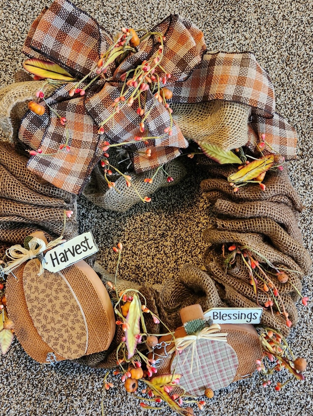 Harvest Blessings Fall Wreath Burlap Handmade